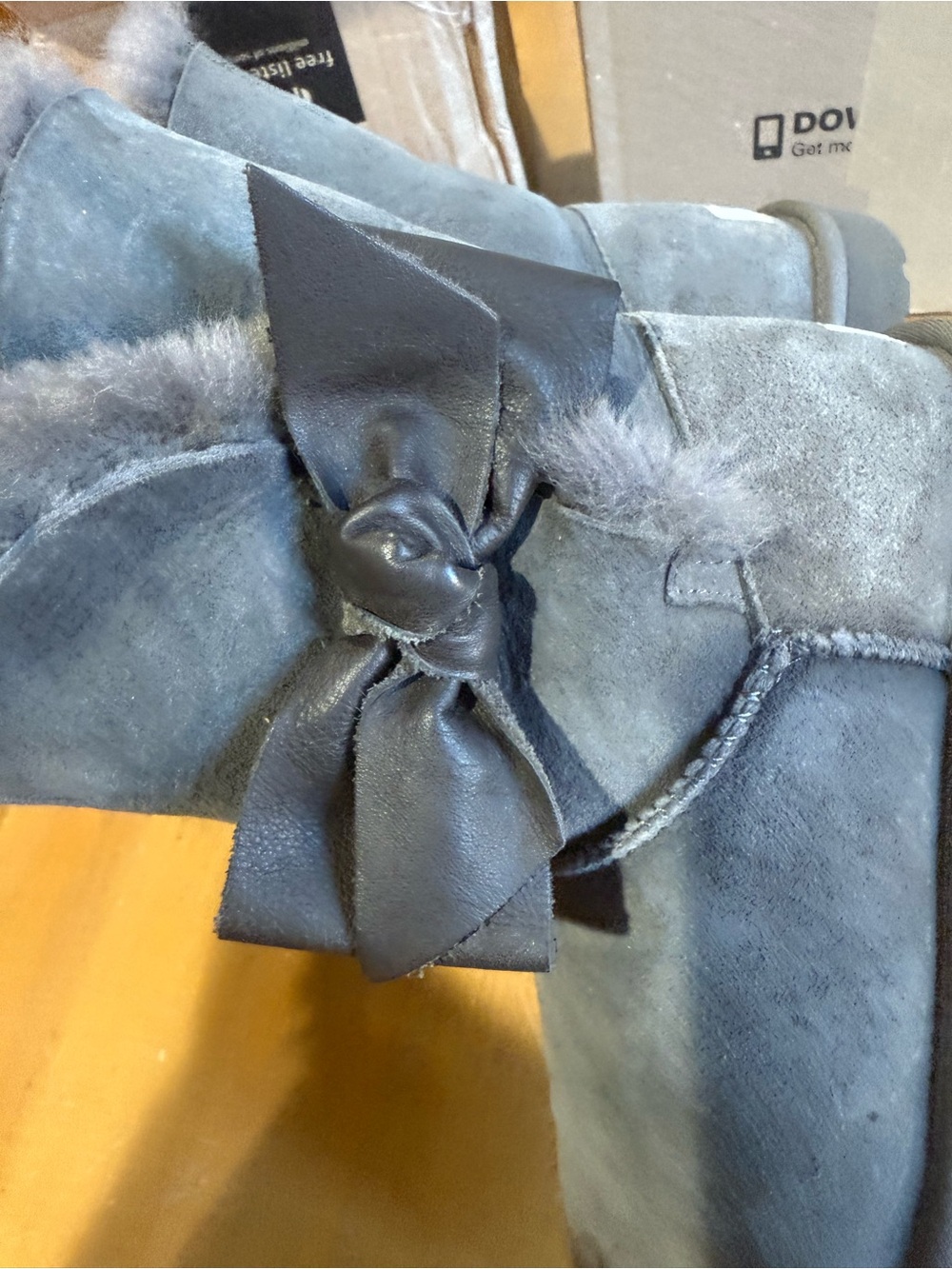 UGG Gray Suede Short Shearling Boots with Bow - Picture 7 of 12